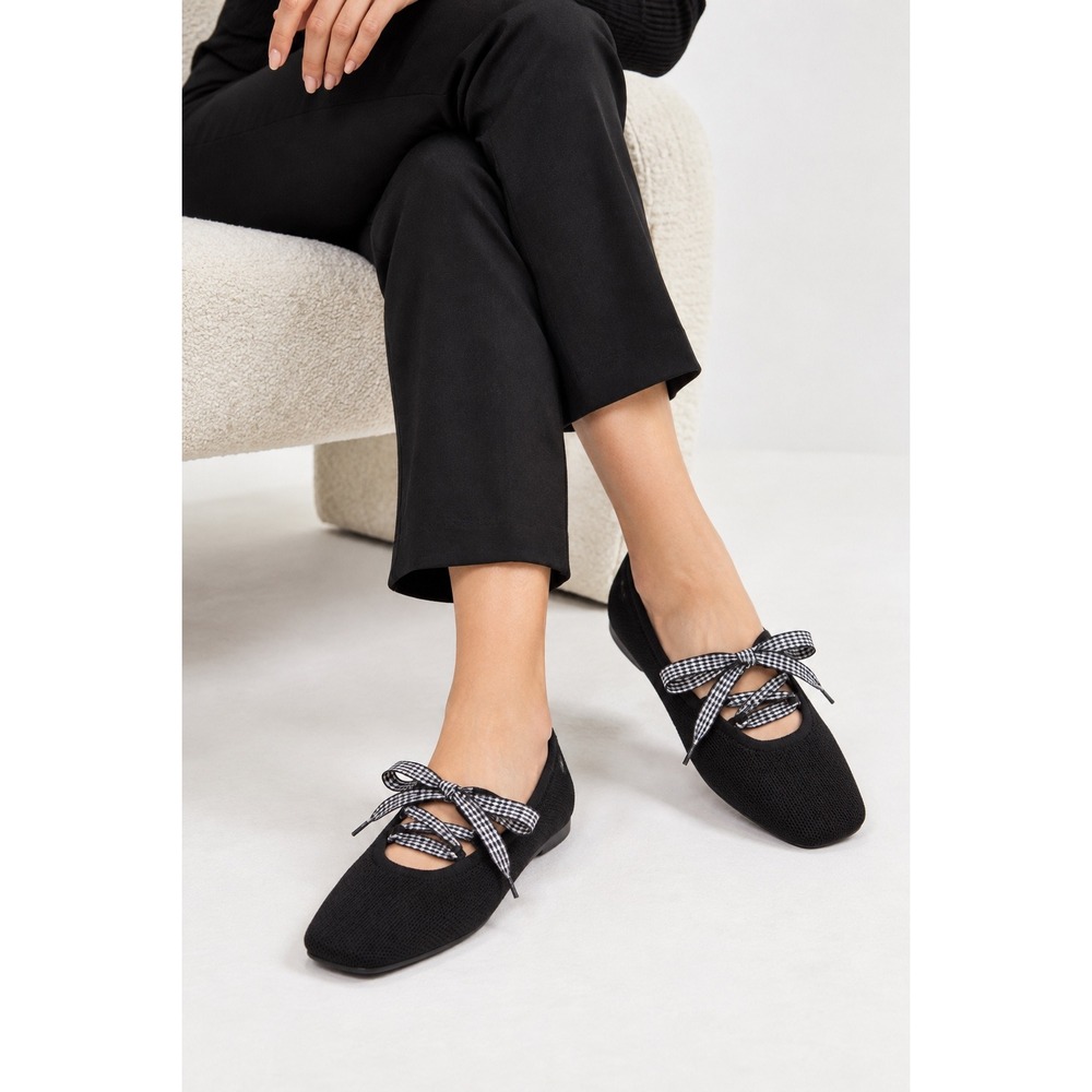 VIVAIA Black Square Toe Knit Ballet Flats Lace Up Shoes size EU/38.5 US/7.5